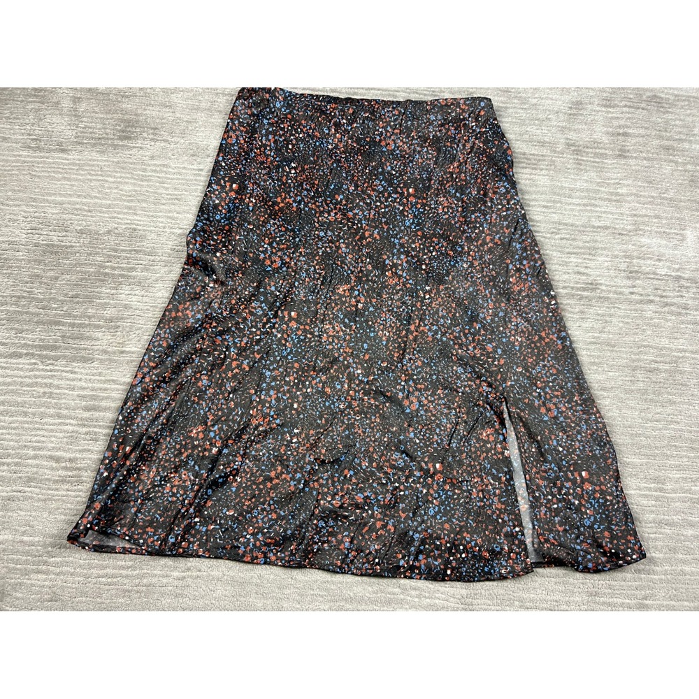 Time and Tru Skirt Women XL Black Multi Abstract Speckle Midi Slip Side‎ Slit